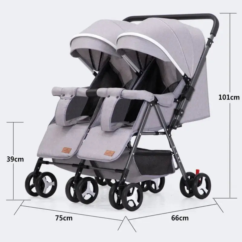 2025 New Twin Baby Stroller in gray with dimensions, foldable design, and comfy seating for infants and toddlers.