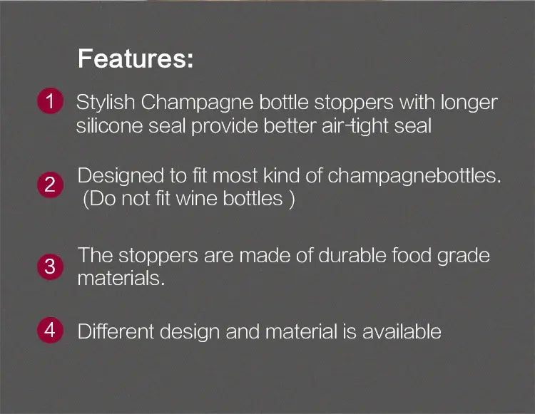 Features of stylish champagne bottle stoppers with silicone seal for better airtight closure and durable food-grade materials.