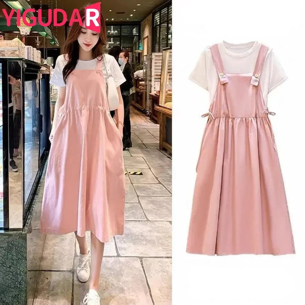 Korean loose fit maternity dress by YIGUDAR, mid-calf length in pink, perfect for all seasons and casual wear.
