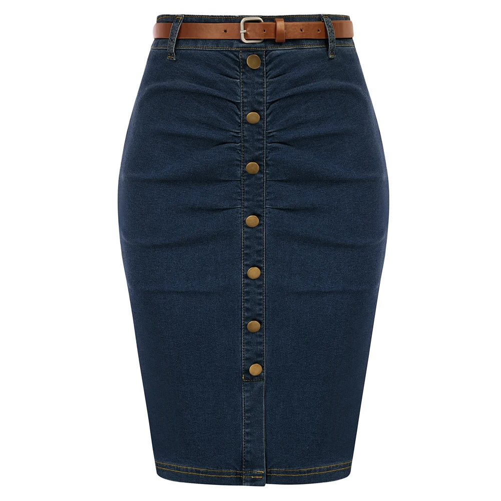 BuckleCurve™ – Ruched Belt Bodycon Skirt (High Waist Retro Denim)