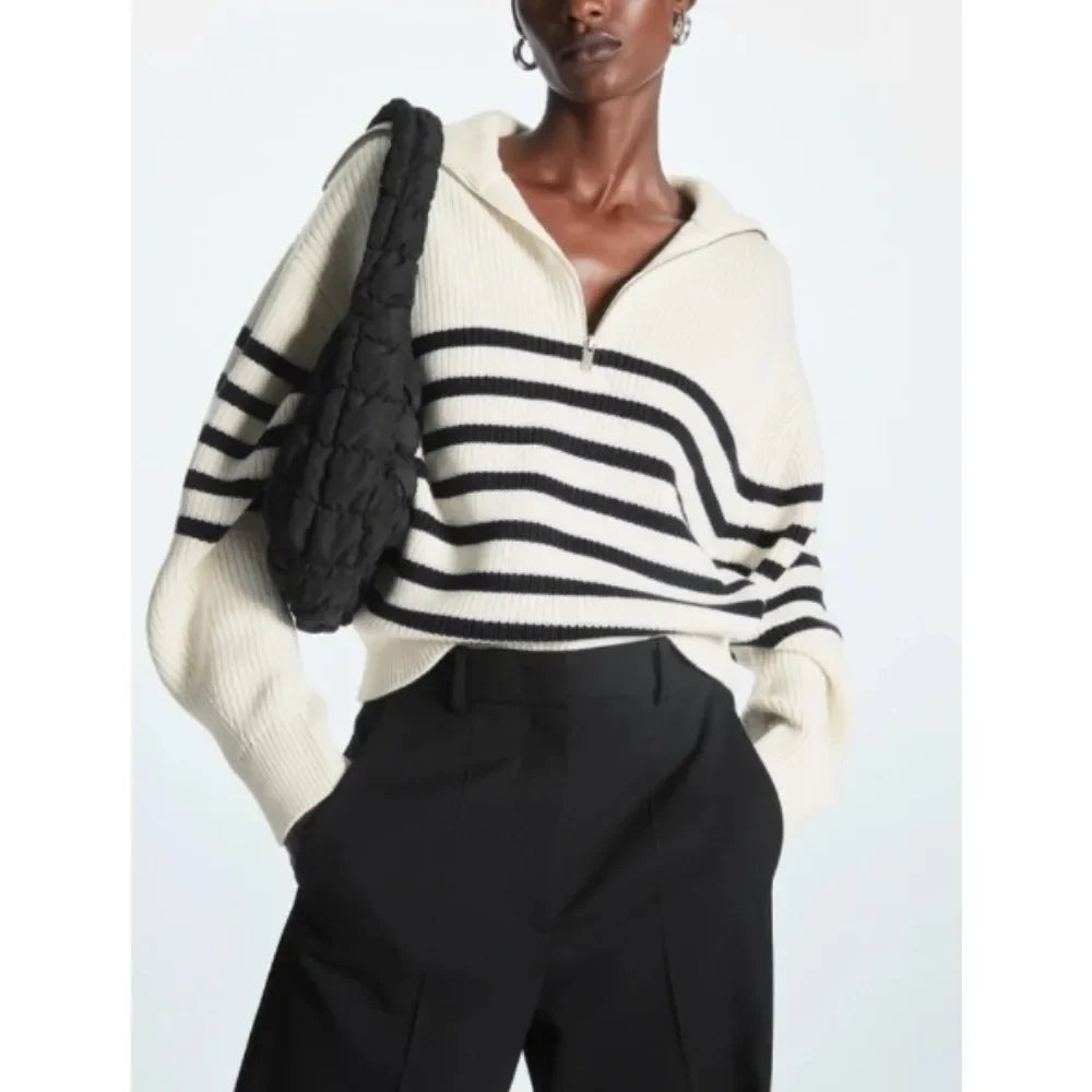 Women's Half Zipper Striped Sweater
