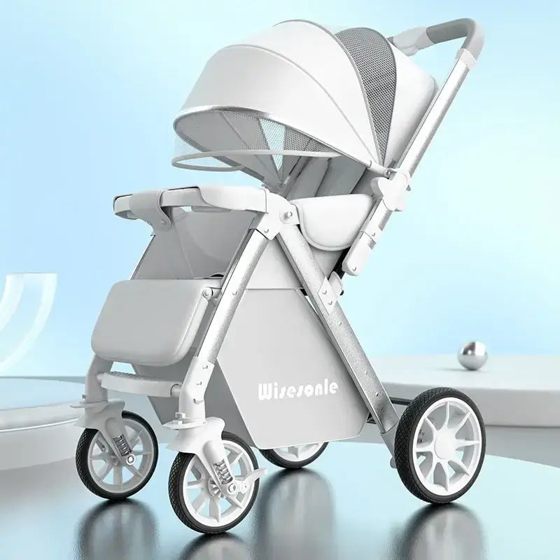 Lightweight high landscape baby stroller in white with PU foam wheels and modern design.