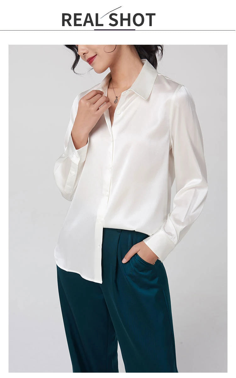 Model wearing SatinGrace™ Long Sleeve Silk Shirt in ivory, showcasing premium 95% Mulberry silk and a relaxed fit.