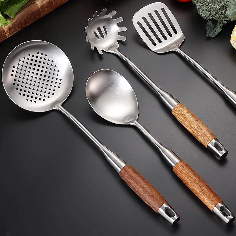 7-Piece Stainless Steel Utensil Set with Wooden Handle