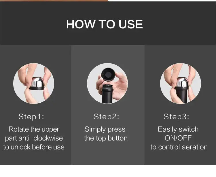 Instructions for using a vacuum wine bottle cap stopper: rotate, press top button, and switch ON/OFF for aeration.