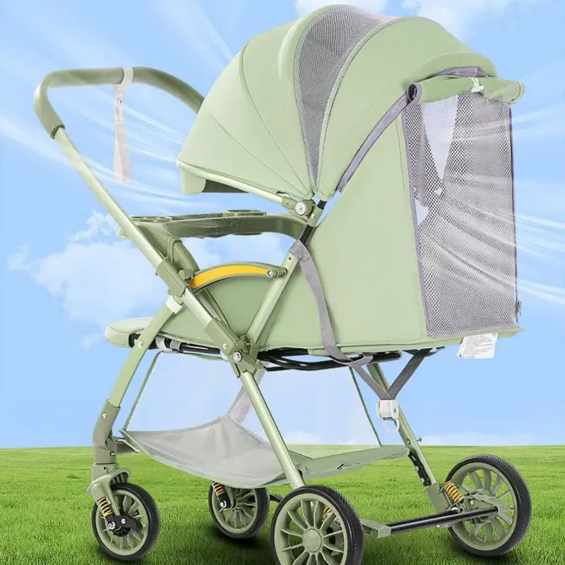 Bi-directional high landscape baby stroller in light green with a mesh canopy and foldable design, ideal for infants.