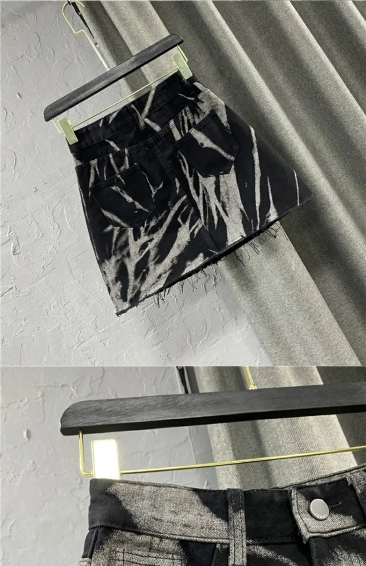 DyeDrape™ – Tie-Dye Short Denim Skirt (Black Gray, Fringed A-Line)