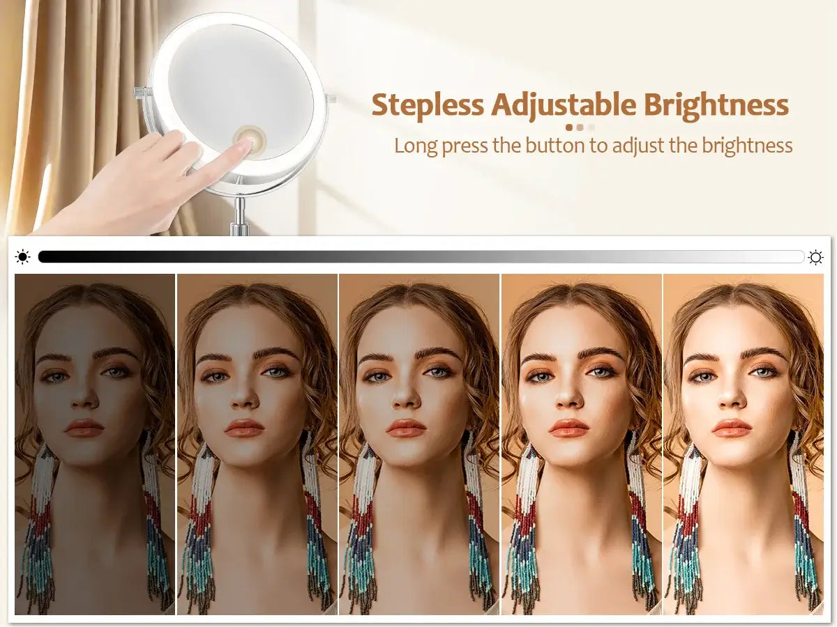 Infographic showing stepless adjustable brightness feature for 8 inch makeup mirror with light and model demonstration.