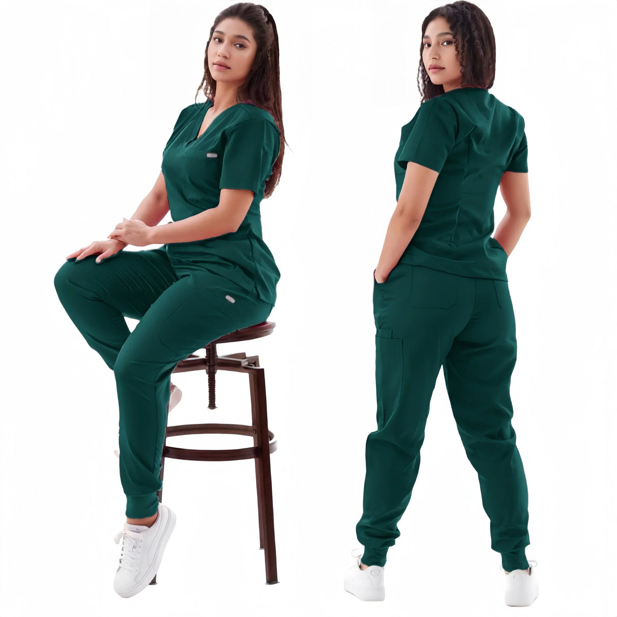 Breathable women's medical scrub sets in green, featuring elastic short sleeves and stylish design for healthcare professionals.