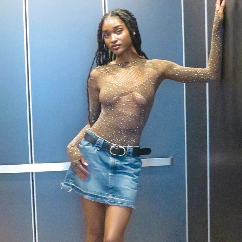 Women's Knitted Rhinestone Long Sleeve Bodysuit – Sexy Y2K Outfit