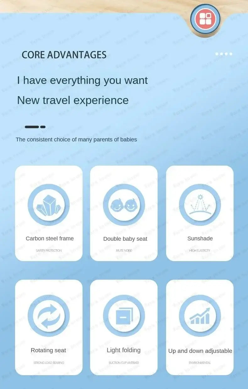 Core advantages of twin strollers: carbon frame, double seat, sunshade, rotating seat, light folding, adjustable height.