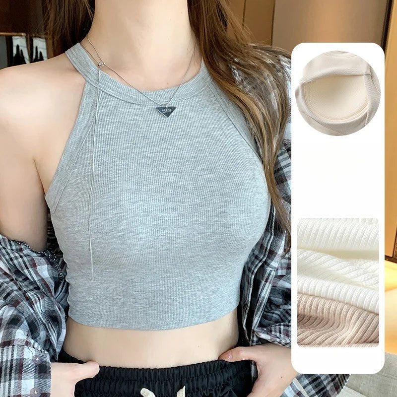 Cotton Knit Camisole Undershirt with Built-in Bra