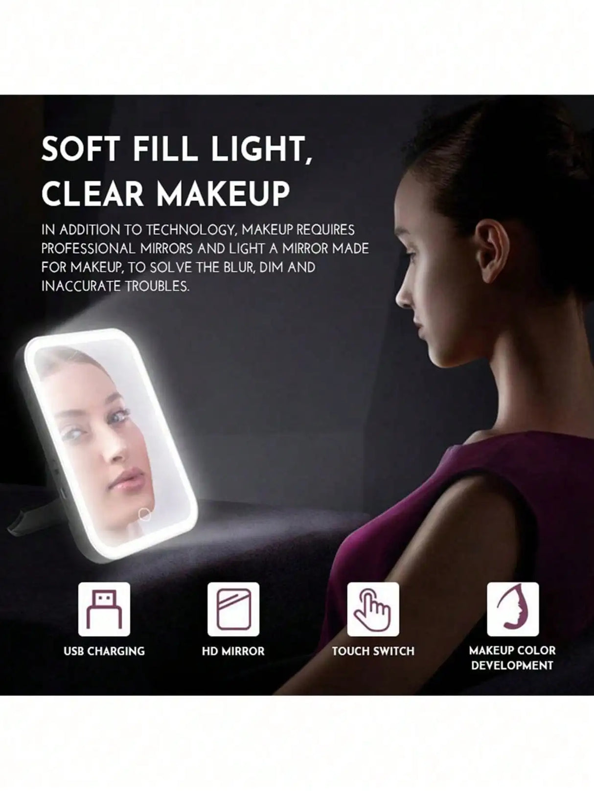 LED makeup mirror with soft fill light, USB charging, HD mirror, and touch switch for flawless makeup application.