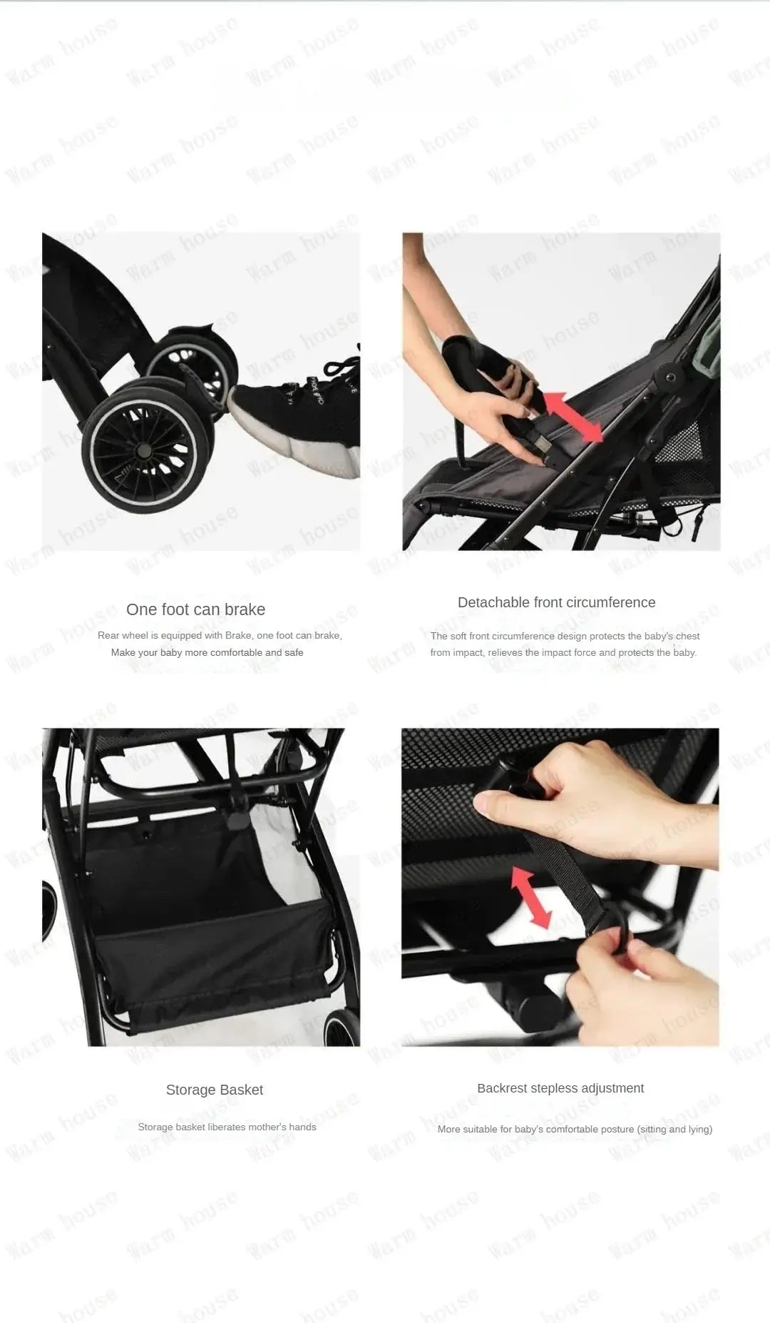 Features of Portable Foldable Baby Stroller: brake, adjustable backrest, adjustable harness, storage basket.