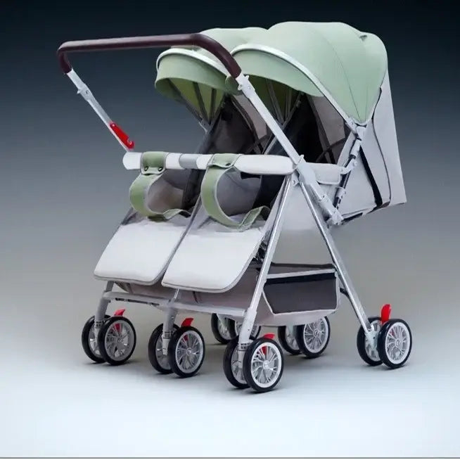 2025 twin baby stroller in green and gray, suitable for ages 0-3 years, foldable design, lightweight aluminum frame.