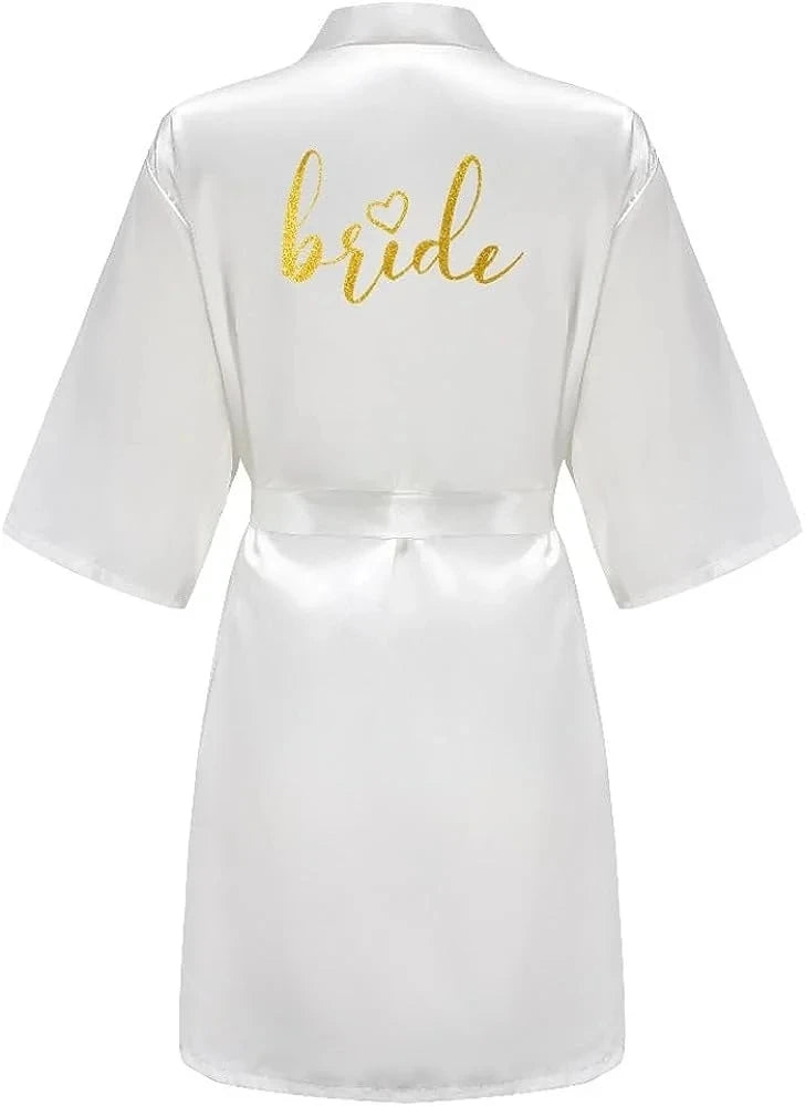 Team Bride satin kimono robe in white with gold lettering on the back, perfect for bridal parties and summer wear.