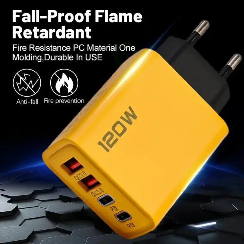 120W USB Type C Fast Charger with fire-resistant PC material and multiple output ports for quick charging.