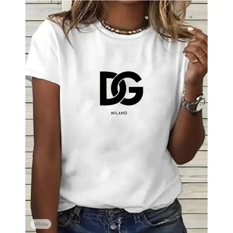 Stylish women's white t-shirt featuring DG Milano logo, perfect for casual outfits.