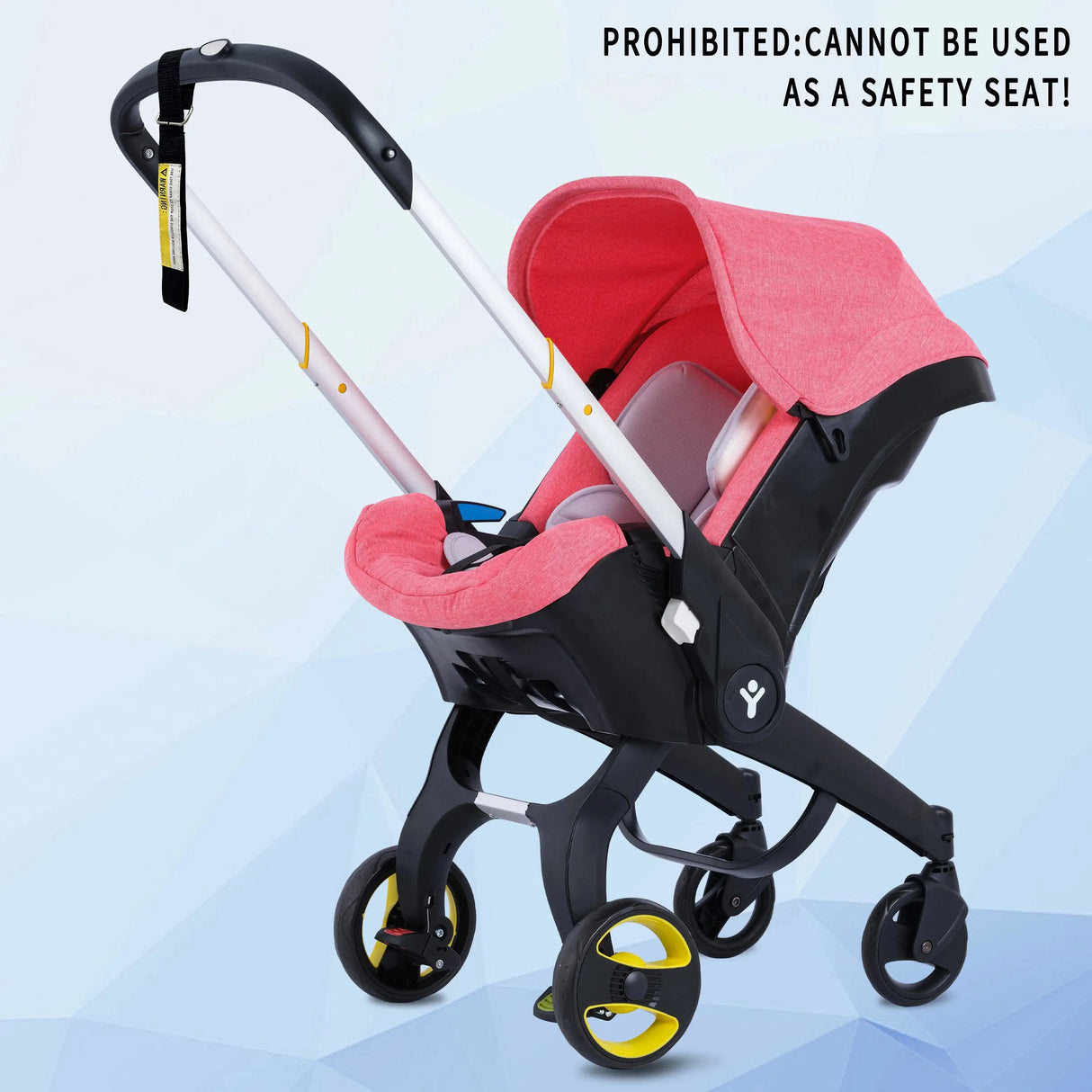 Foldable baby stroller for infants with pink fabric and a warning label not for use as a safety seat.