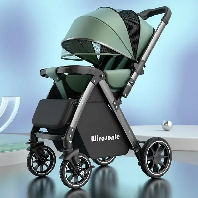 Lightweight baby stroller in green with stylish design, features foldable frame and durable wheels.