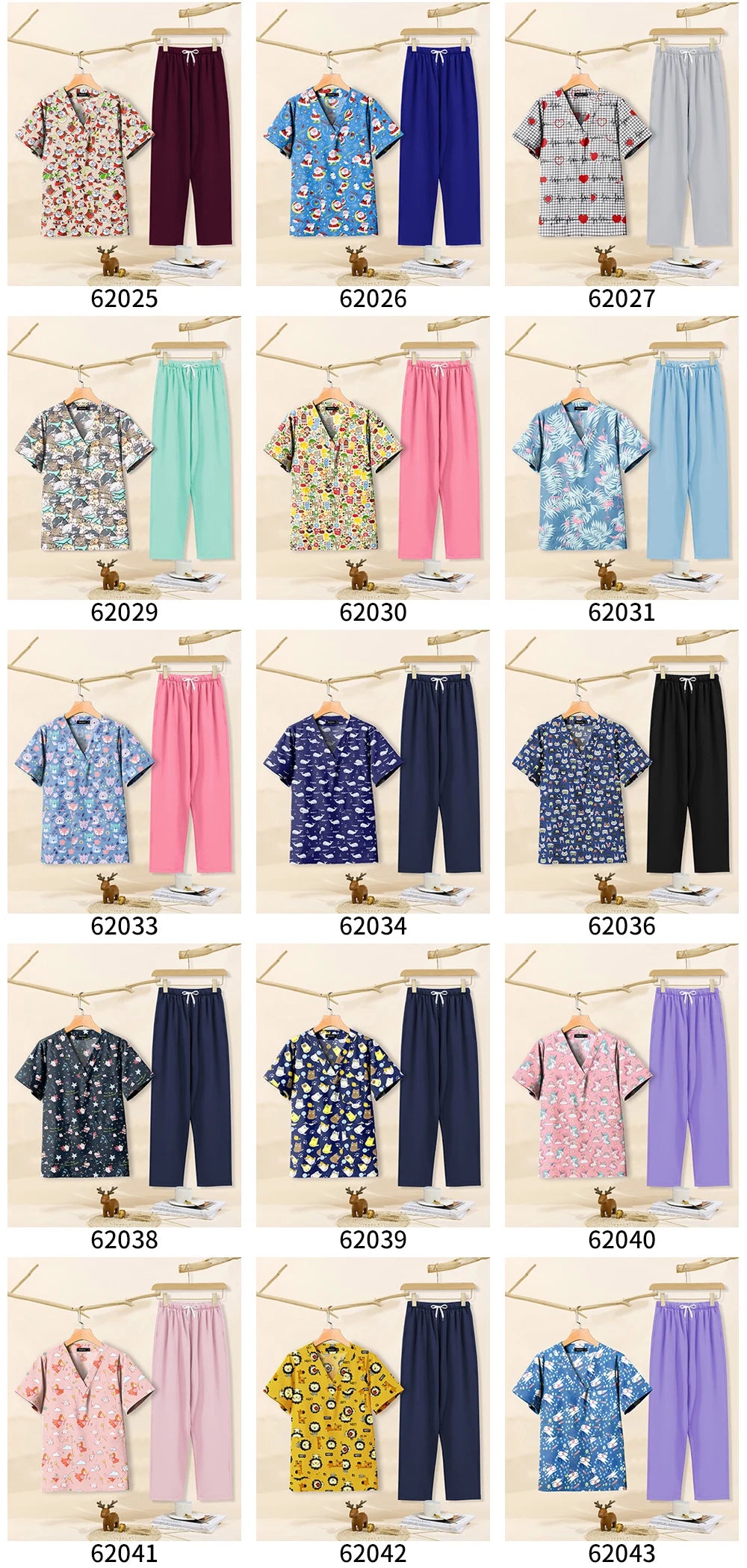 Variety of colorful cartoon print dental scrubs for women, featuring tops and pants, suitable for pet grooming and beauty salons.