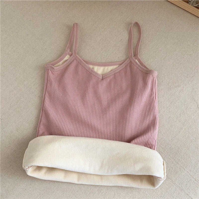 Casual velvet crop tank top in pink with a v-neck design, perfect for women's comfortable fashion.