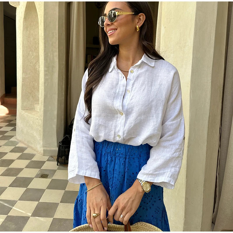 طقم بنطال نسائي من القطن بقصة واسعة