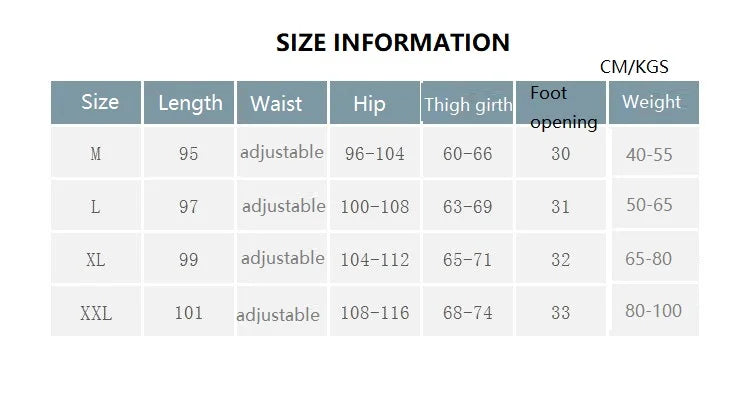 Size chart for breathable adjustable waist maternity pants in various sizes, including length, waist, hip, and weight.