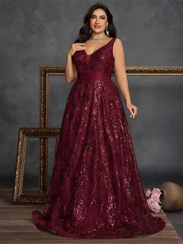 فستان سهرة نسائي بمقاسات كبيرة مزين بالترتر وفتحة رقبة على شكل حرف V