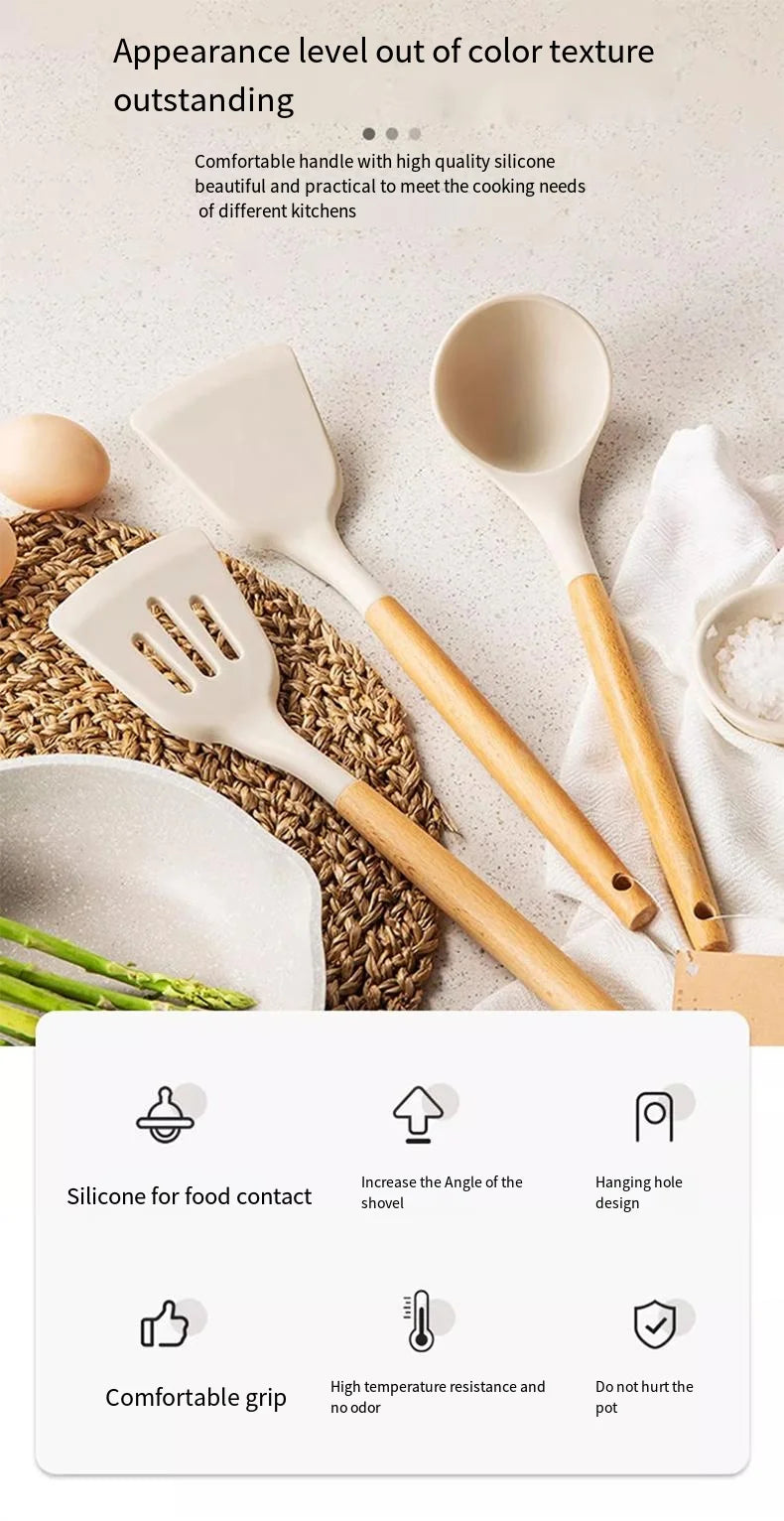 Silicone Cooking Utensil Set with Wooden Handle