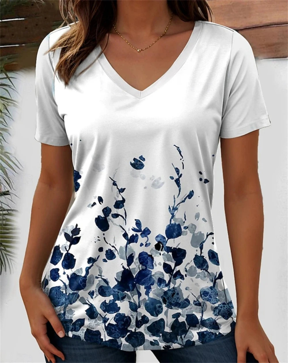 3D flower graphic V-neck tee for women in white and navy blue, featuring floral design and regular fit.
