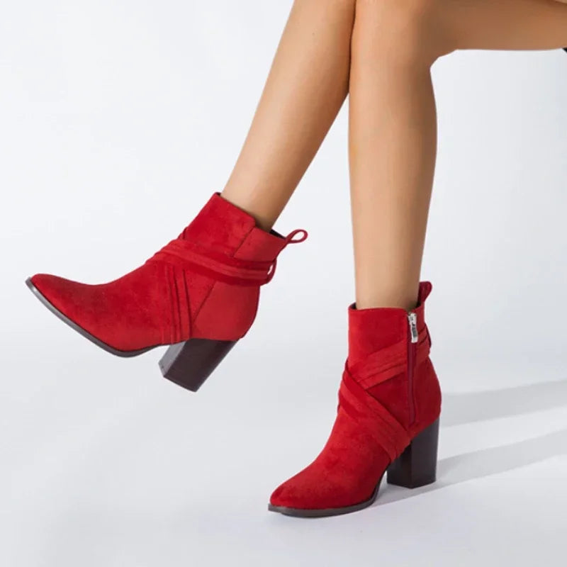 Women Pointed Toe Zipper Ankle Boots – Autumn High Heel Short Booties