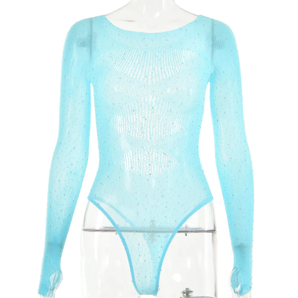 Women's Knitted Rhinestone Long Sleeve Bodysuit – Sexy Y2K Outfit