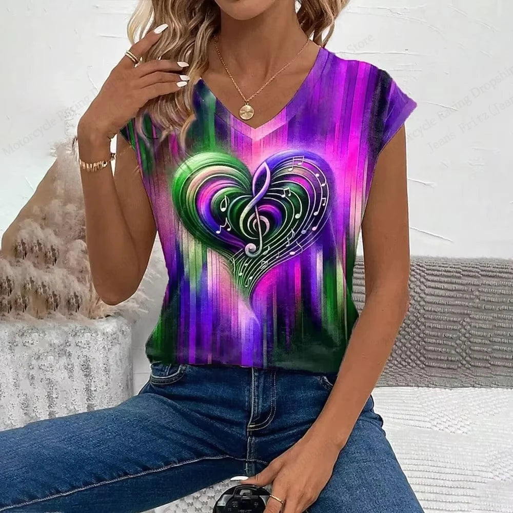 V-neck women's t-shirt featuring a colorful musical heart design on vibrant background.