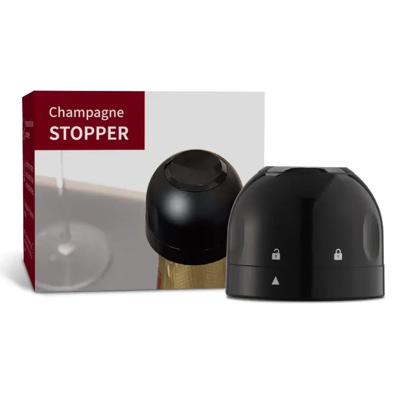 Black champagne stopper with a sleek design, featured alongside its packaging for effective beverage sealing.