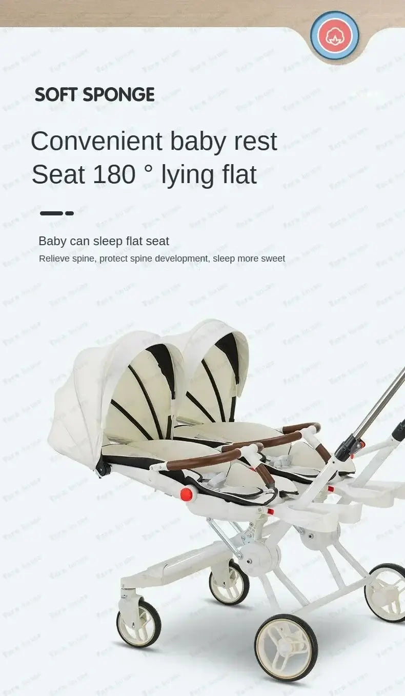 Twin stroller with soft sponge seat lying flat for baby comfort, designed for ages 0-36 months.