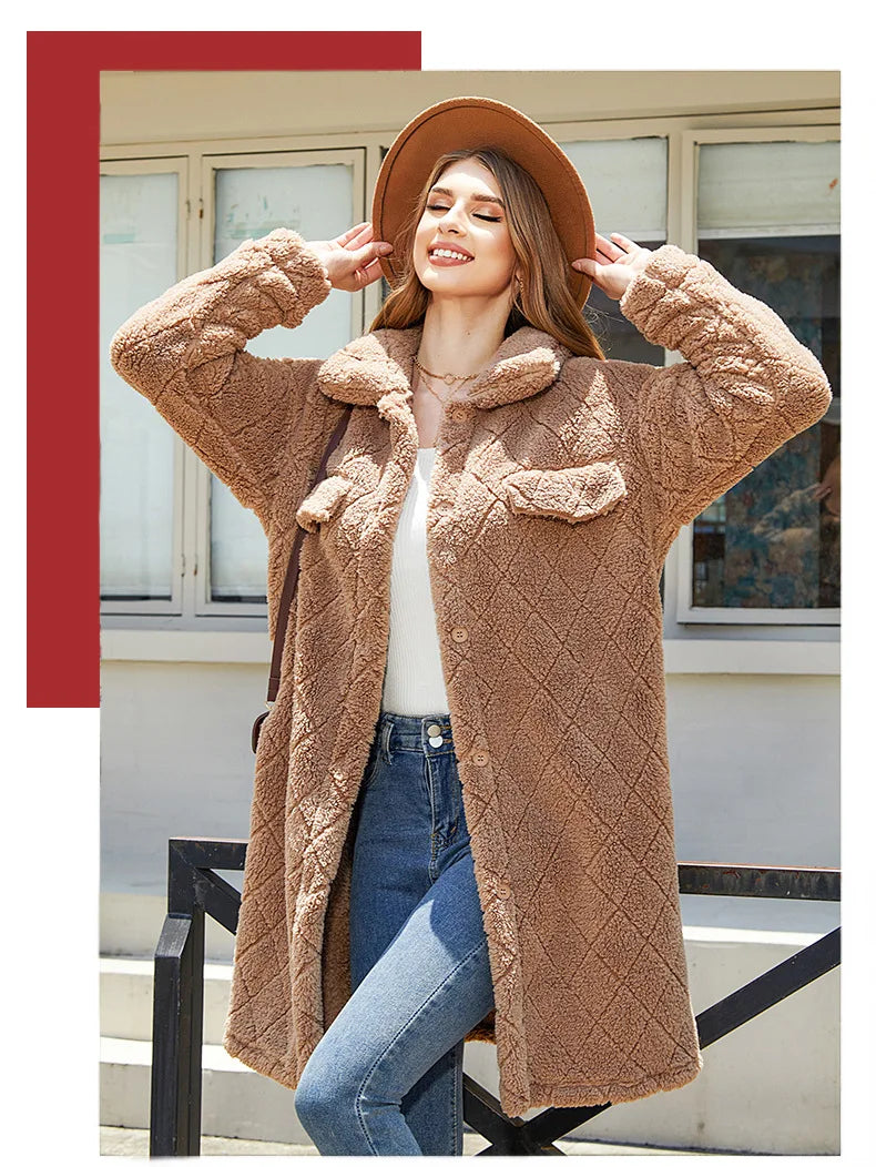 FairyShely Brown Puff Long Women's Winter Jacket – Plush Warm Coat