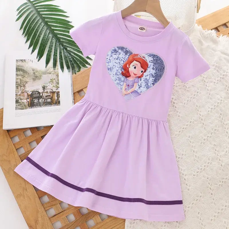 Girls summer dress featuring a purple heart design with a cartoon princess, perfect for ages 4-6 years.