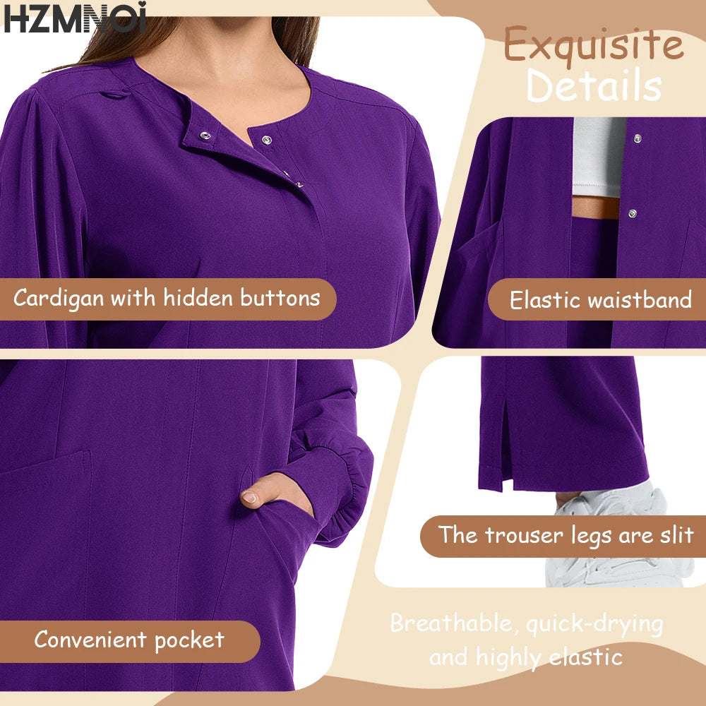 Women’s long sleeve purple surgical scrubs featuring a cardigan with hidden buttons, elastic waist, and convenient pockets.