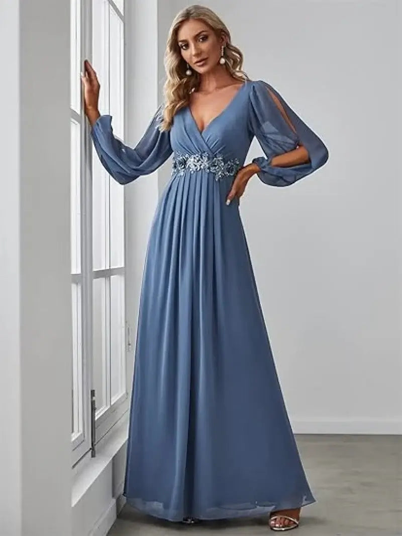 Women Elegant Evening Dress Long Sleeve A-Line Maxi