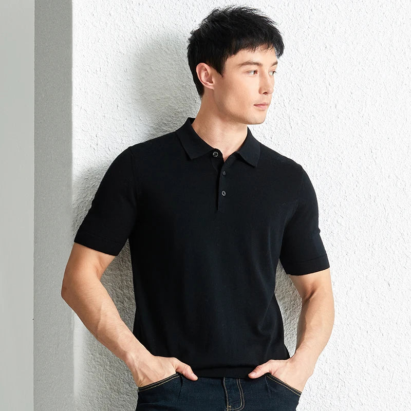 Men Short Sleeve Wool Polo Knit