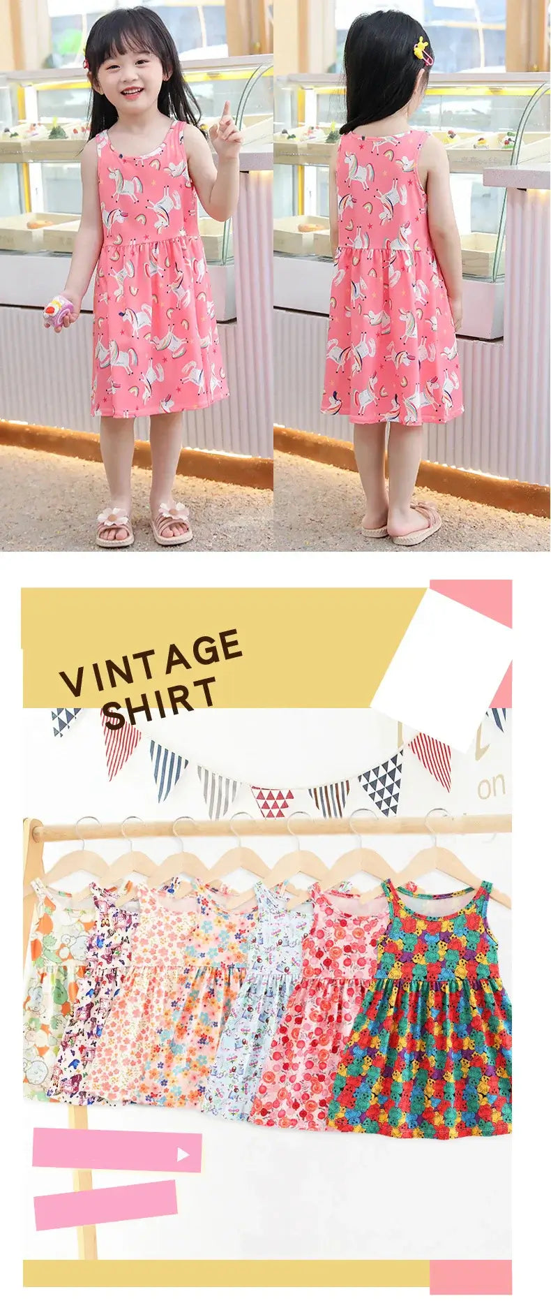 Girl in a cute pink summer dress with a print, showcasing various colorful vintage dresses on a hanger.