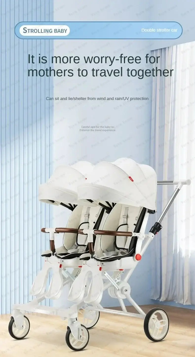 Twin stroller designed for mothers traveling with two children, featuring sun protection and foldable design.