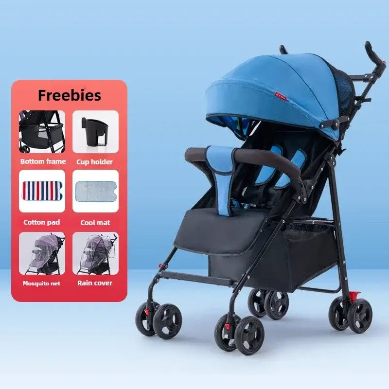 Baby stroller in blue color with accessories listed, designed for infants and toddlers, easy to fold and lightweight.