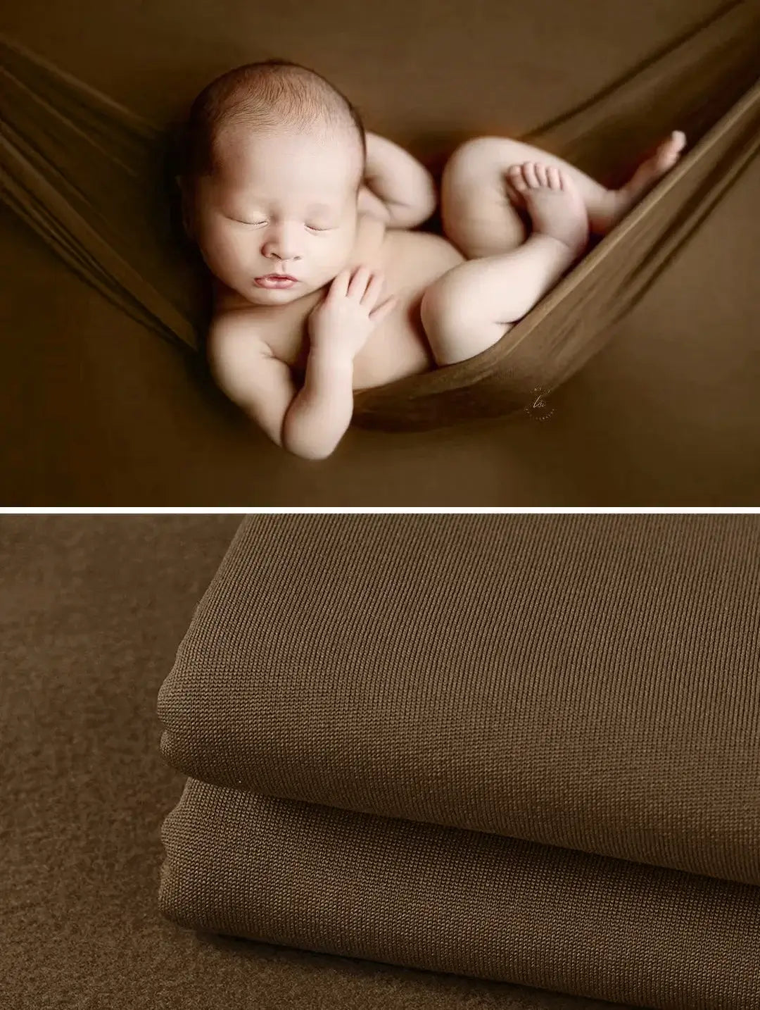 Newborn wrapped in a soft brown blanket, ideal for photography, showcasing comfort and style in 55 colors.
