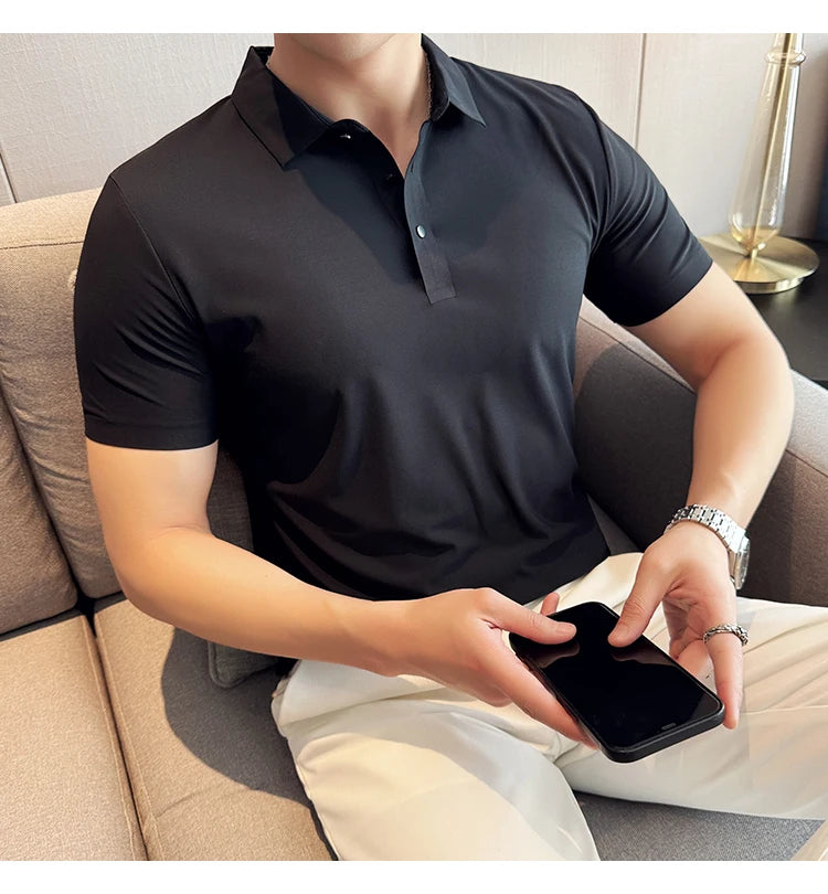 Men Ice Silk Polo Shirt Brown Top