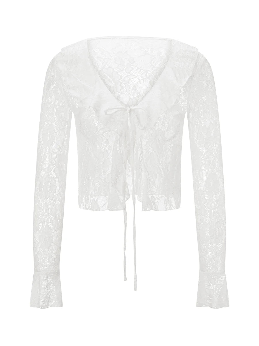 White sheer lace crop cardigan with flare sleeves and sexy front tie detail.