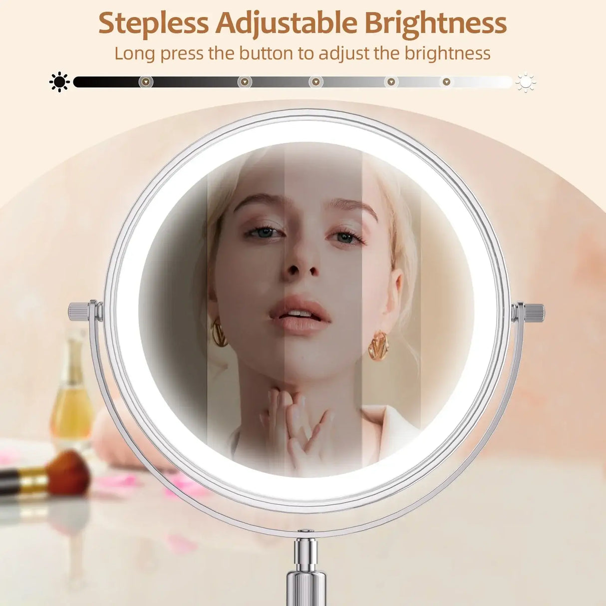 8-inch makeup mirror with light and 10X magnification featuring stepless adjustable brightness for perfect makeup application.