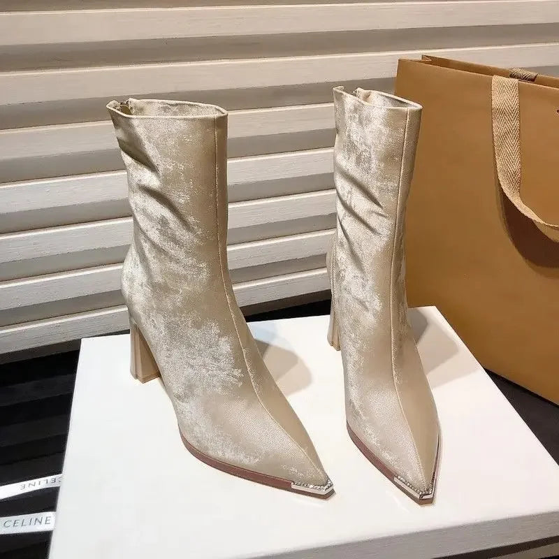 Women Mid Calf Boots Leather Cowboy Heels