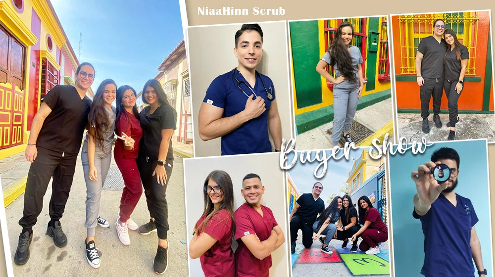 Group of models showcasing NiaaHinn multicolor surgical gowns in various vibrant settings, highlighting style and comfort.